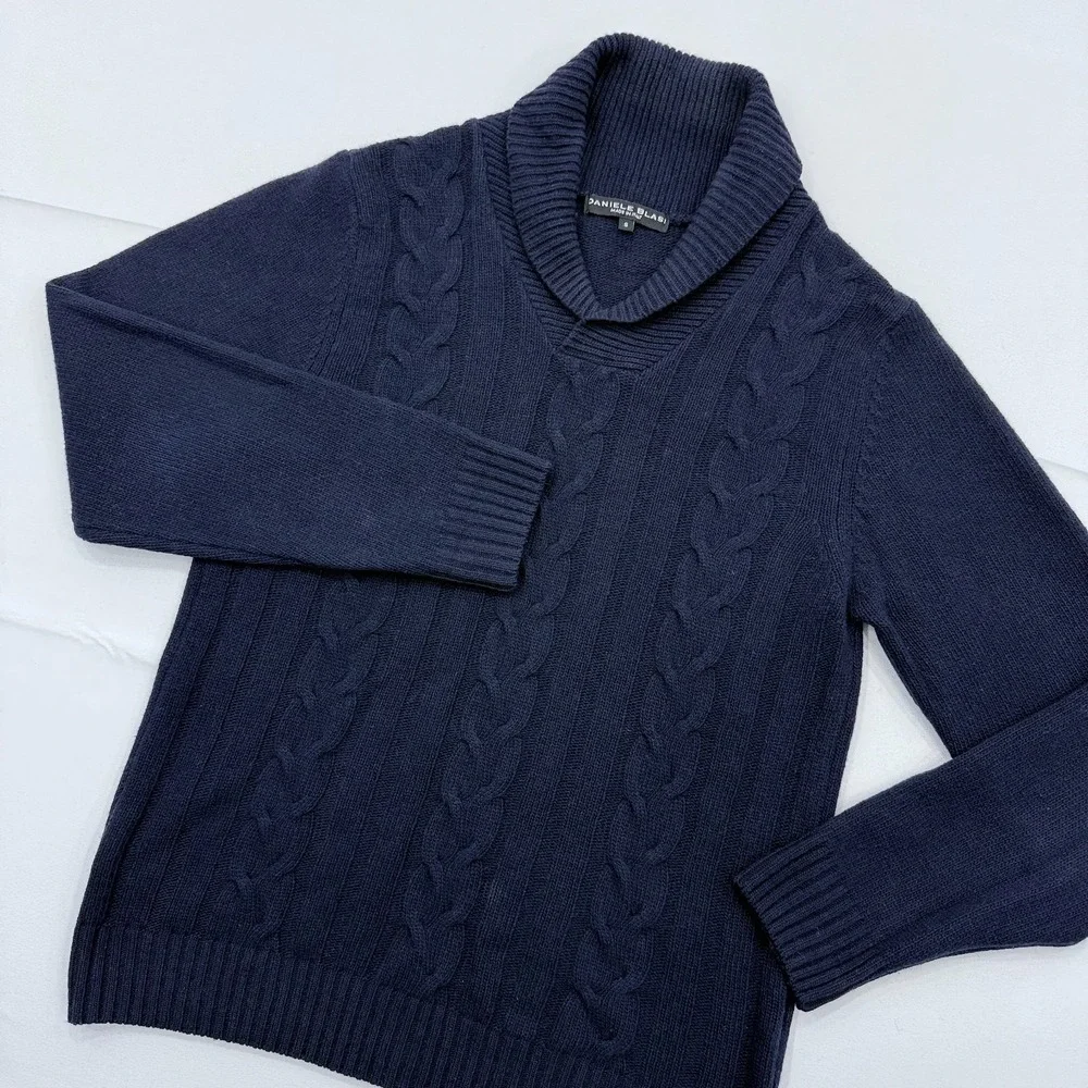 Daniele Blasi Wool Cable Knit Sweater Mens Small Shawl Collar Made in Italy Blue